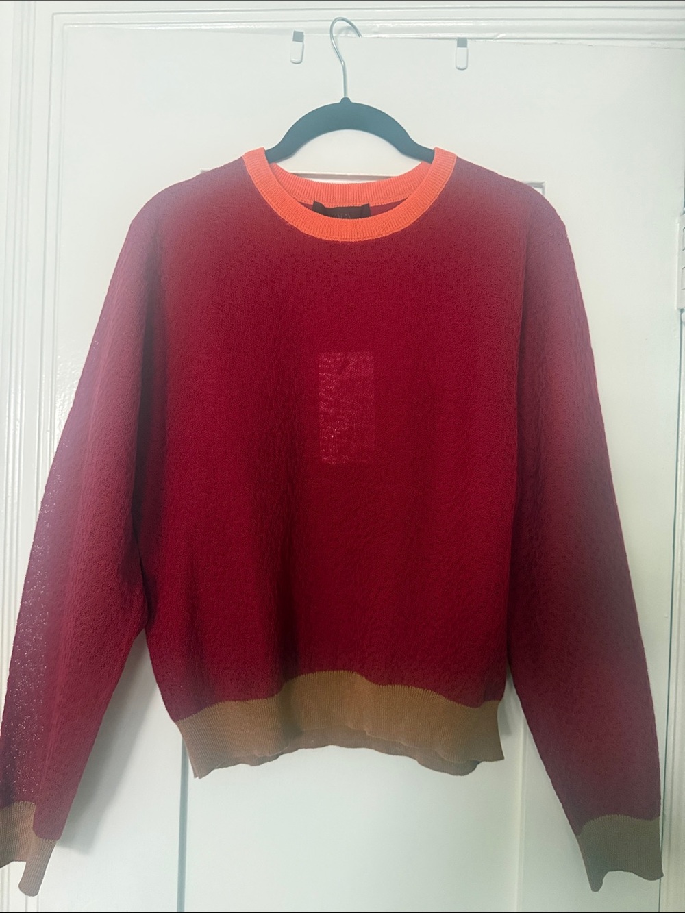 Zara Red Knit Sweatshirt with Orange Neckline and Brown Hem